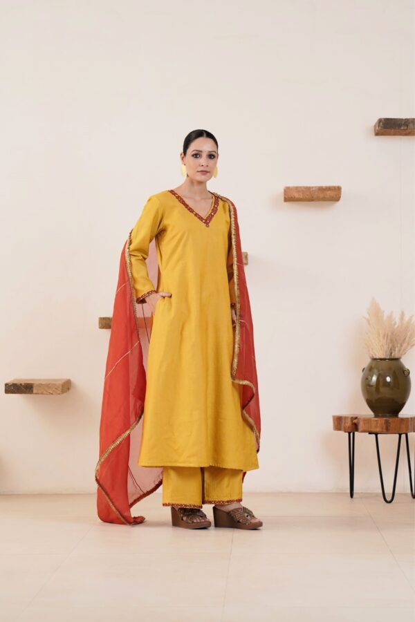 Hand embroidered Kosa Silk A-Line Kurta with Side pockets and Palazzo with Rust Organza Dupatta-Set of 3 - Image 4