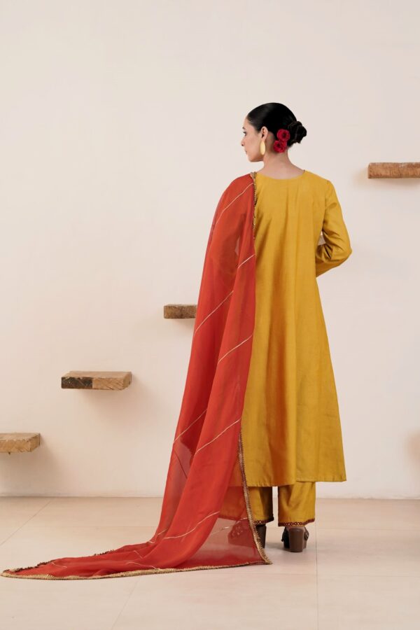Hand embroidered Kosa Silk A-Line Kurta with Side pockets and Palazzo with Rust Organza Dupatta-Set of 3 - Image 5