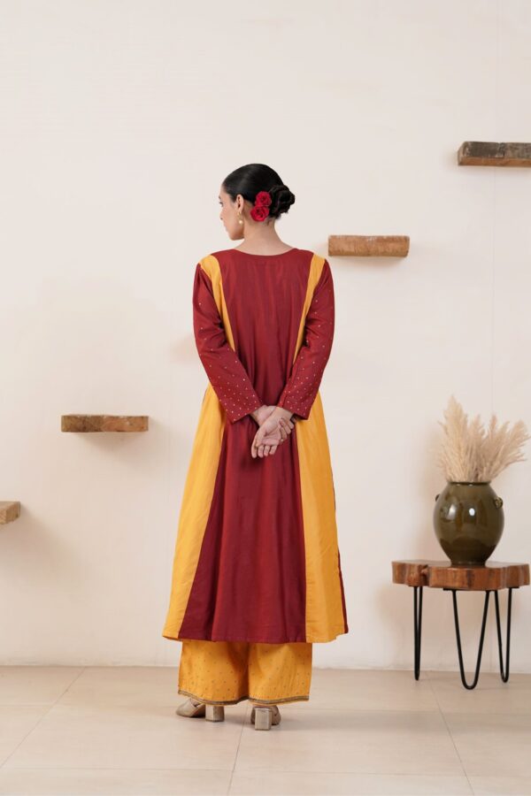 Hand embroidered Tussar Silk- Cotton A-Line Kurta with Side pockets and Palazzo -Set of 2 - Image 4
