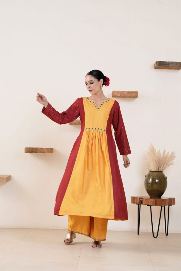 Hand embroidered Tussar Silk- Cotton A-Line Kurta with Side pockets and Palazzo -Set of 2 - Image 5