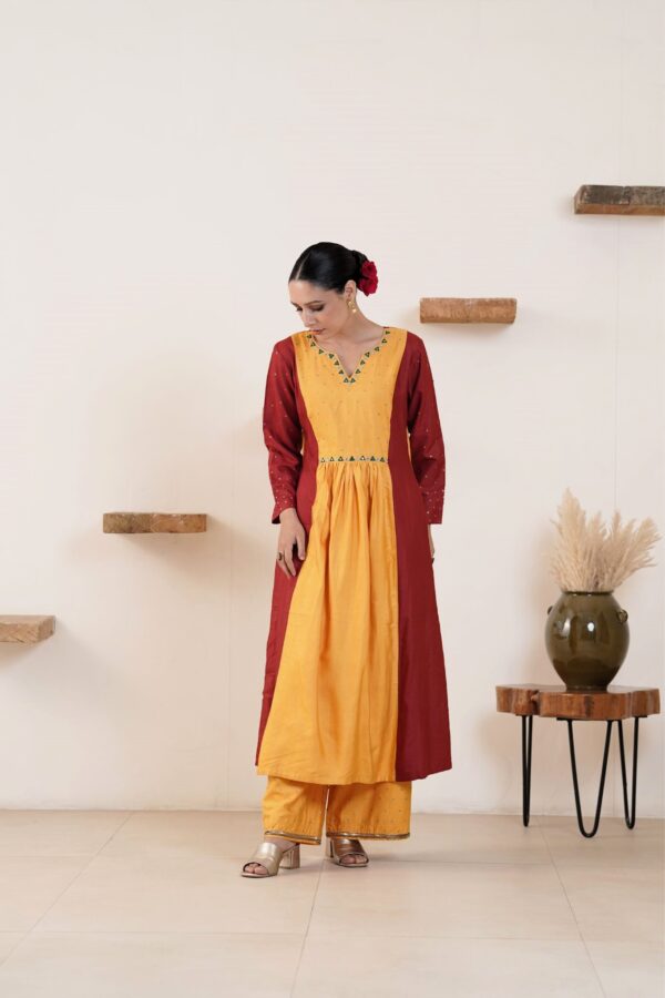 Hand embroidered Tussar Silk- Cotton A-Line Kurta with Side pockets and Palazzo -Set of 2 - Image 6