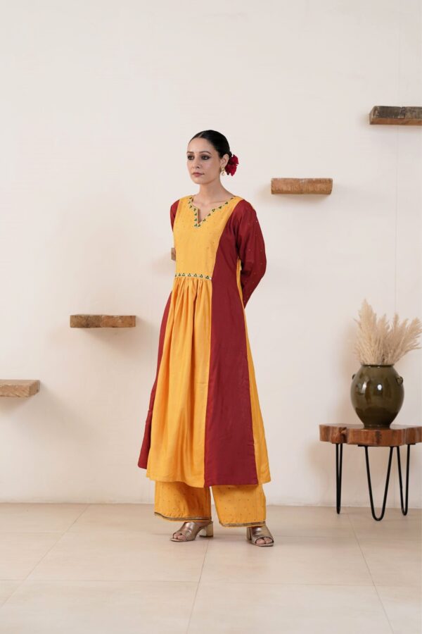 Hand embroidered Tussar Silk- Cotton A-Line Kurta with Side pockets and Palazzo -Set of 2 - Image 7