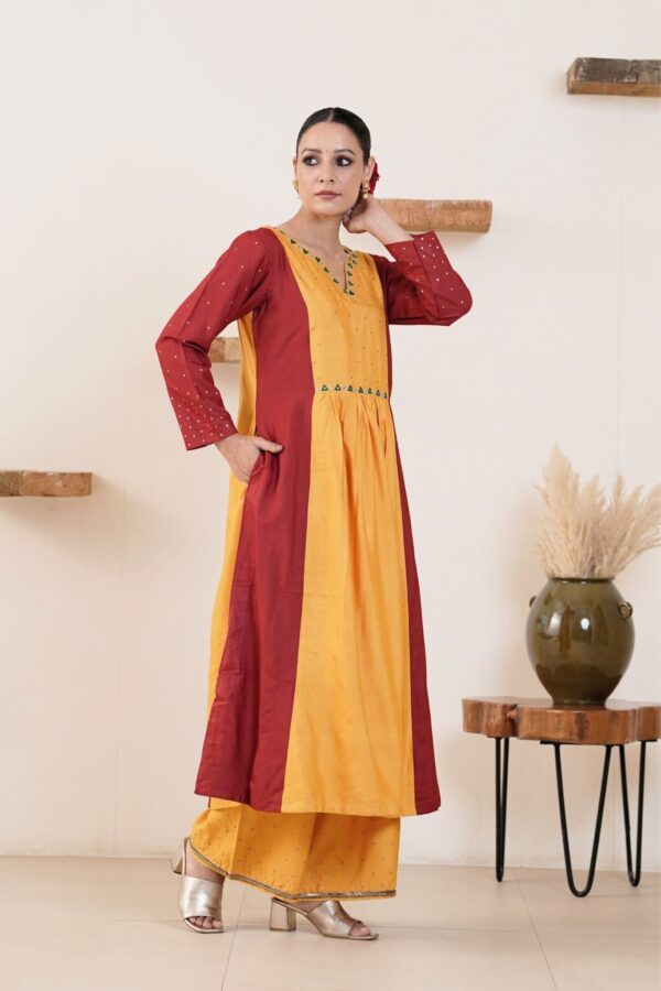 Hand embroidered Tussar Silk- Cotton A-Line Kurta with Side pockets and Palazzo -Set of 2 - Image 2
