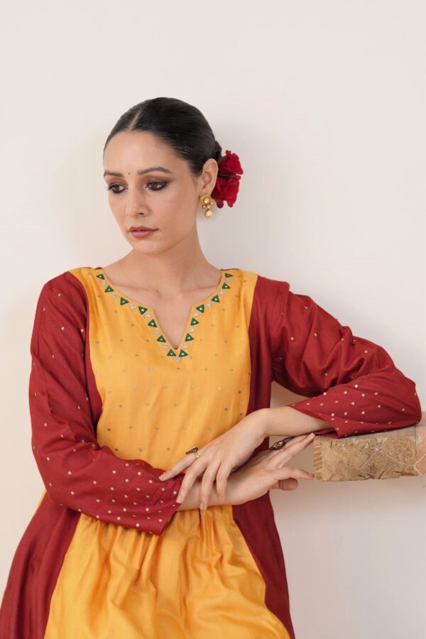 Hand embroidered Tussar Silk- Cotton A-Line Kurta with Side pockets and Palazzo -Set of 2 - Image 3