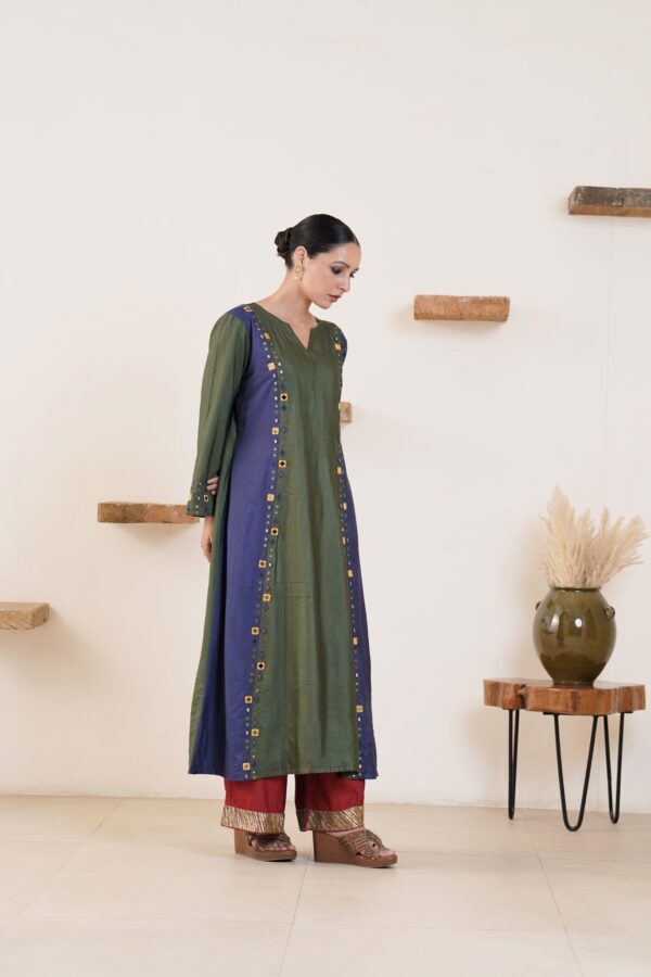 Hand embroidered Tussar Silk- Cotton A-Line Kurta with Side pockets and Palazzo -Set of 2 - Image 2