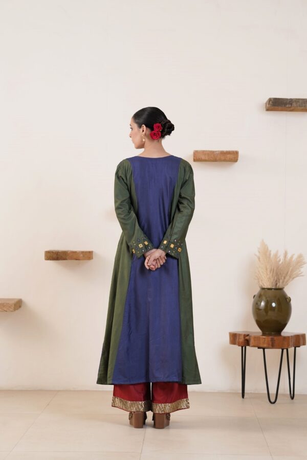 Hand embroidered Tussar Silk- Cotton A-Line Kurta with Side pockets and Palazzo -Set of 2 - Image 3