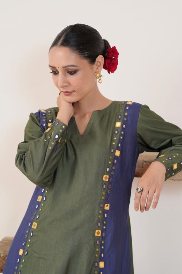 Hand embroidered Tussar Silk- Cotton A-Line Kurta with Side pockets and Palazzo -Set of 2 - Image 4