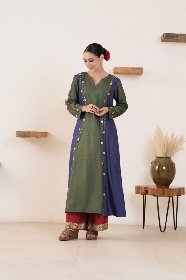 Hand embroidered Tussar Silk- Cotton A-Line Kurta with Side pockets and Palazzo -Set of 2 - Image 5