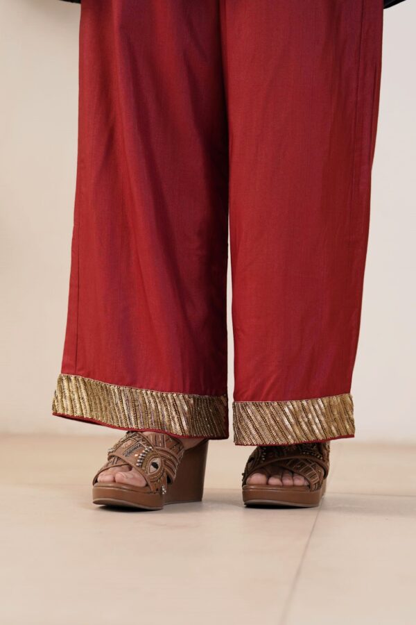 Hand embroidered Tussar Silk- Cotton A-Line Kurta with Side pockets and Palazzo -Set of 2 - Image 6