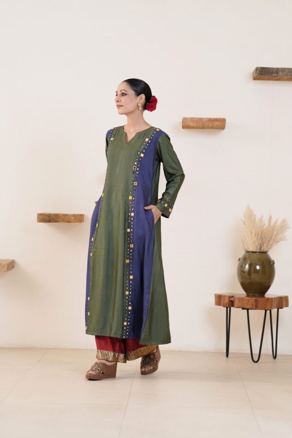 Hand embroidered Tussar Silk- Cotton A-Line Kurta with Side pockets and Palazzo -Set of 2 - Image 7