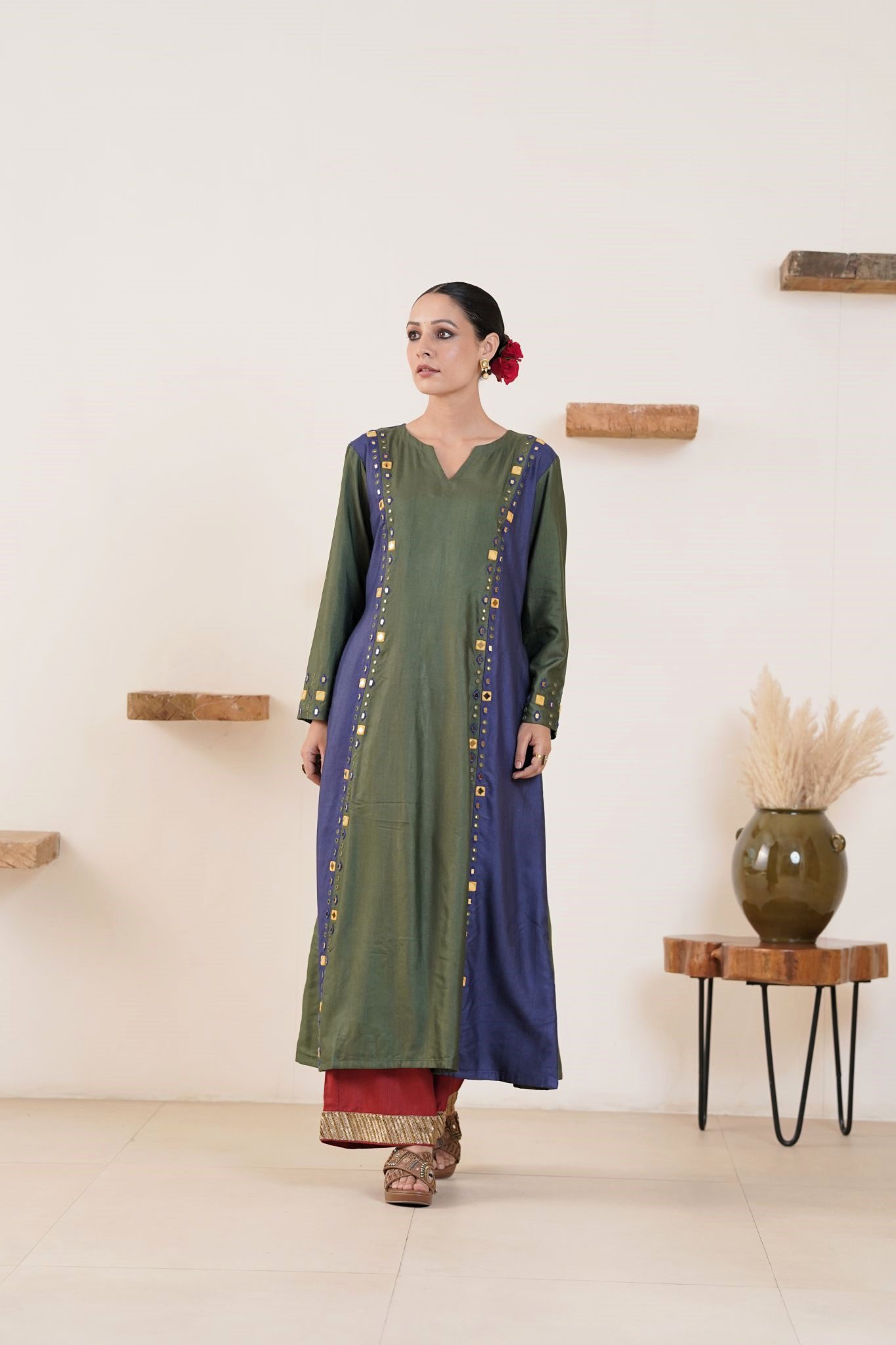 Hand embroidered Tussar Silk- Cotton A-Line Kurta with Side pockets and Palazzo -Set of 2