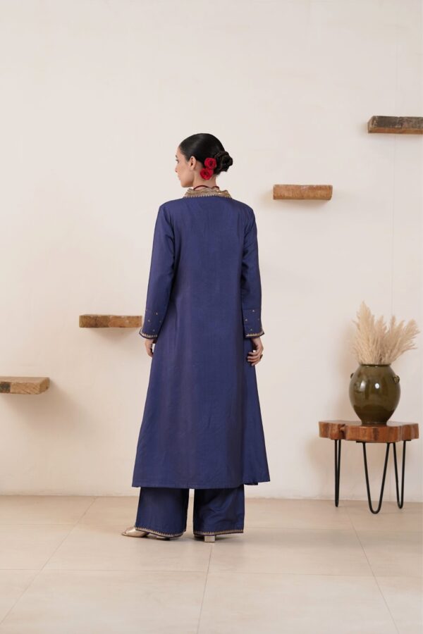 Hand embroidered Tussar Silk- Cotton Straight Kurta with a flare and Side pockets and Palazzo with Golden Yellow Organza Dupatta -Set of 3 - Image 2