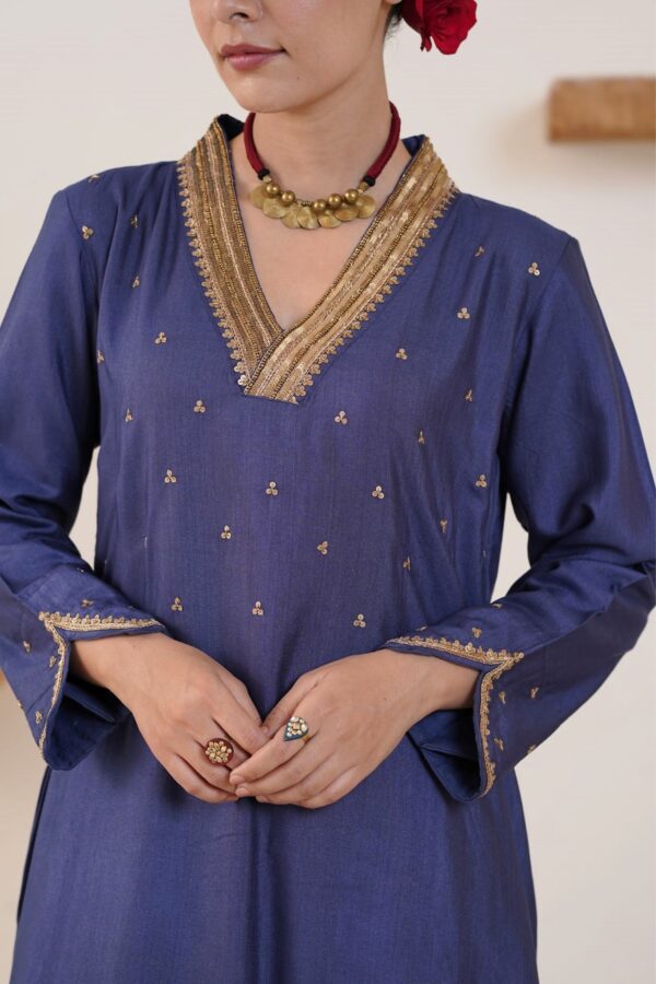 Hand embroidered Tussar Silk- Cotton Straight Kurta with a flare and Side pockets and Palazzo with Golden Yellow Organza Dupatta -Set of 3 - Image 5