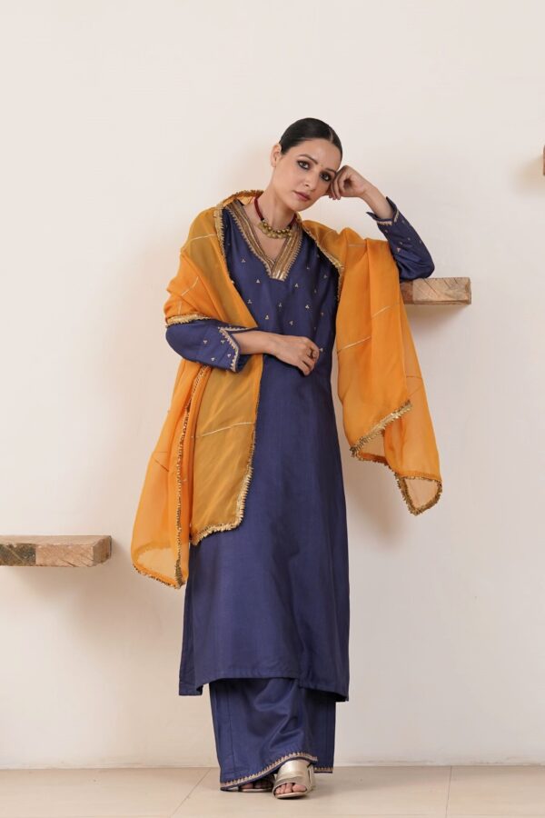 Hand embroidered Tussar Silk- Cotton Straight Kurta with a flare and Side pockets and Palazzo with Golden Yellow Organza Dupatta -Set of 3 - Image 6
