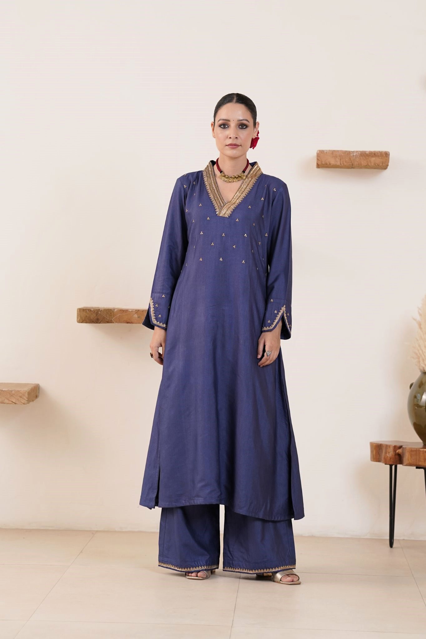 Hand embroidered Tussar Silk- Cotton Straight Kurta with a flare and Side pockets and Palazzo with Golden Yellow Organza Dupatta -Set of 3