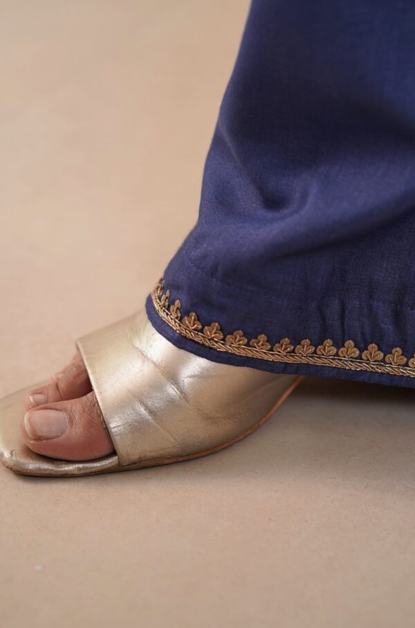 Hand embroidered Tussar Silk- Cotton Straight Kurta with a flare and Side pockets and Palazzo with Golden Yellow Organza Dupatta -Set of 3 - Image 7