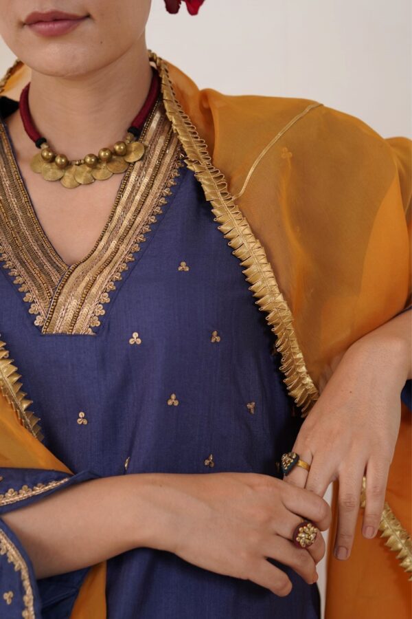 Hand embroidered Tussar Silk- Cotton Straight Kurta with a flare and Side pockets and Palazzo with Golden Yellow Organza Dupatta -Set of 3 - Image 4