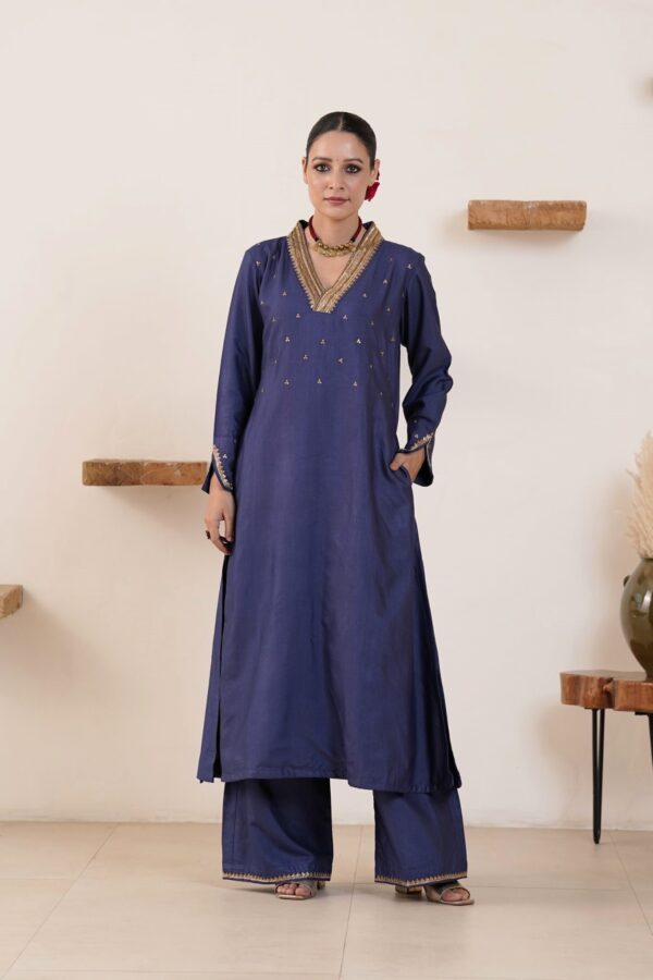 Hand embroidered Tussar Silk- Cotton Straight Kurta with a flare and Side pockets and Palazzo with Golden Yellow Organza Dupatta -Set of 3 - Image 9