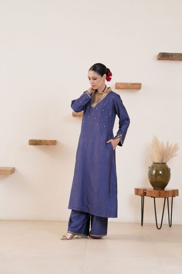 Hand embroidered Tussar Silk- Cotton Straight Kurta with a flare and Side pockets and Palazzo with Golden Yellow Organza Dupatta -Set of 3 - Image 10