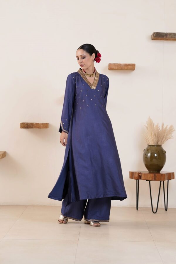 Hand embroidered Tussar Silk- Cotton Straight Kurta with a flare and Side pockets and Palazzo with Golden Yellow Organza Dupatta -Set of 3 - Image 11