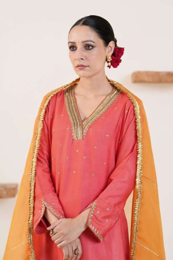 Hand embroidered Tussar Silk- Cotton Straight Kurta with a flare and Side pockets and Palazzo with Golden- Yellow Organza Dupatta -Set of 3 - Image 6