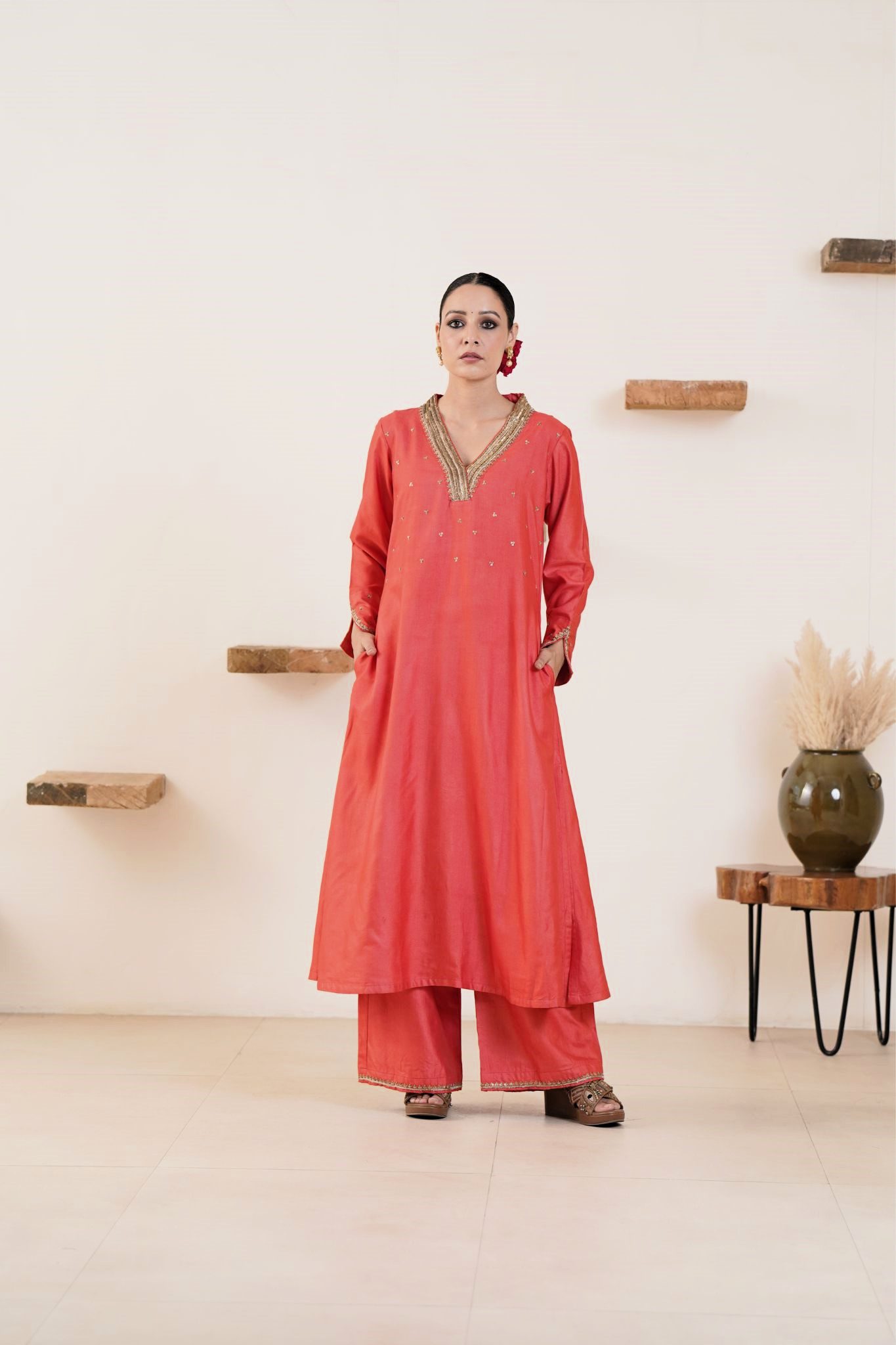 Hand embroidered Tussar Silk- Cotton Straight Kurta with a flare and Side pockets and Palazzo with Golden- Yellow Organza Dupatta -Set of 3
