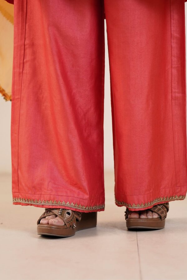 Hand embroidered Tussar Silk- Cotton Straight Kurta with a flare and Side pockets and Palazzo with Golden- Yellow Organza Dupatta -Set of 3 - Image 7