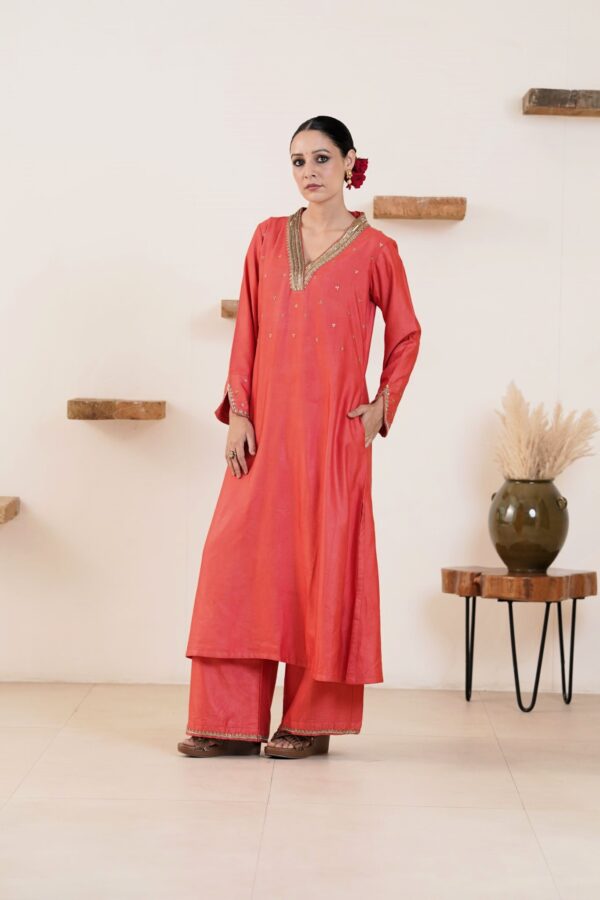 Hand embroidered Tussar Silk- Cotton Straight Kurta with a flare and Side pockets and Palazzo with Golden- Yellow Organza Dupatta -Set of 3 - Image 2