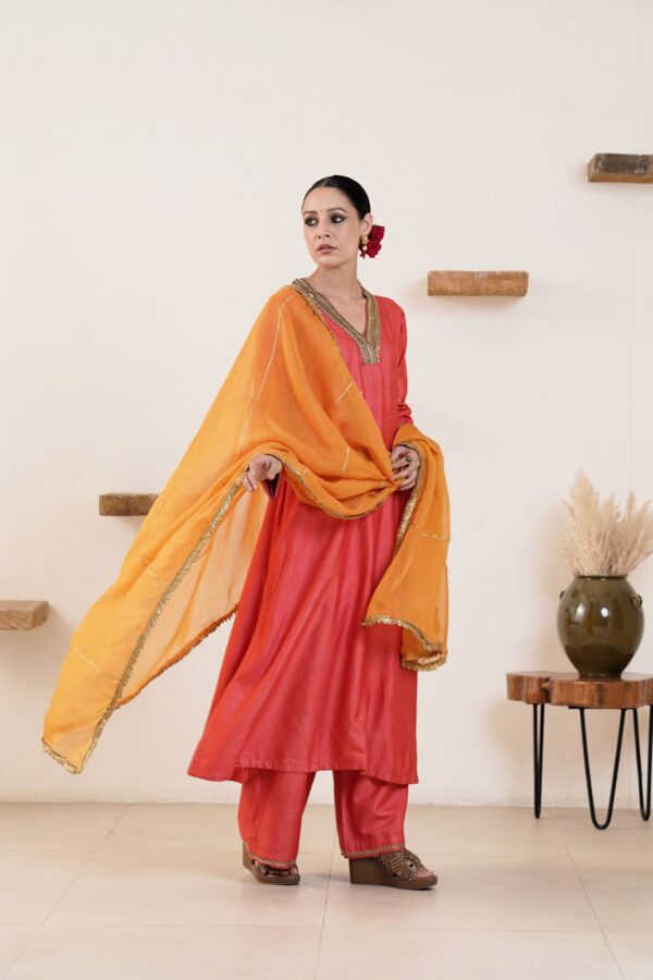 Hand embroidered Tussar Silk- Cotton Straight Kurta with a flare and Side pockets and Palazzo with Golden- Yellow Organza Dupatta -Set of 3 - Image 3