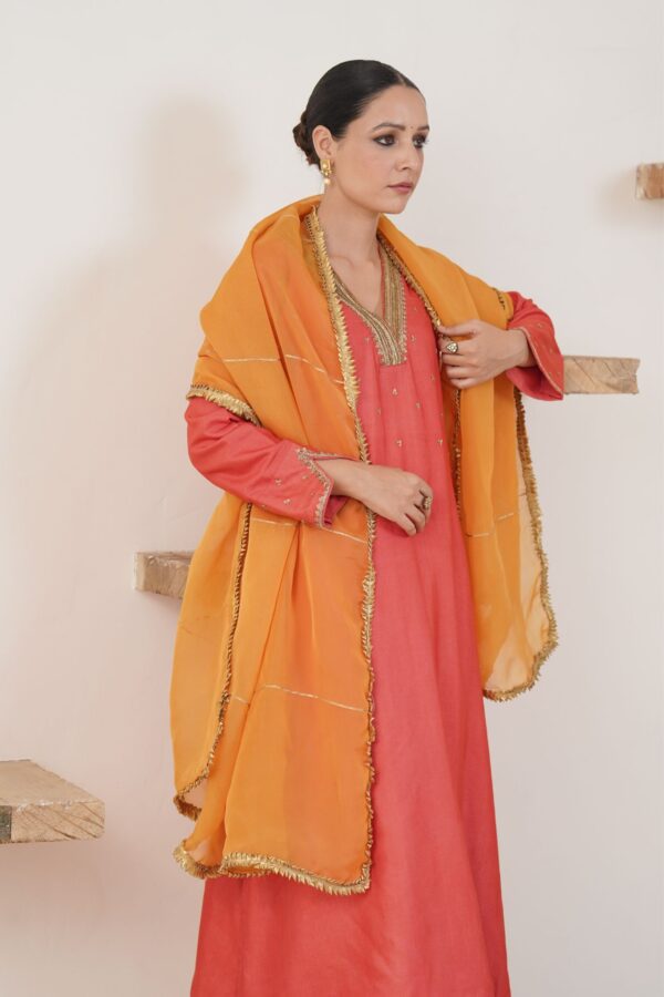Hand embroidered Tussar Silk- Cotton Straight Kurta with a flare and Side pockets and Palazzo with Golden- Yellow Organza Dupatta -Set of 3 - Image 5