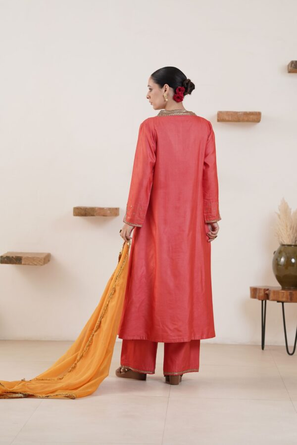 Hand embroidered Tussar Silk- Cotton Straight Kurta with a flare and Side pockets and Palazzo with Golden- Yellow Organza Dupatta -Set of 3 - Image 4