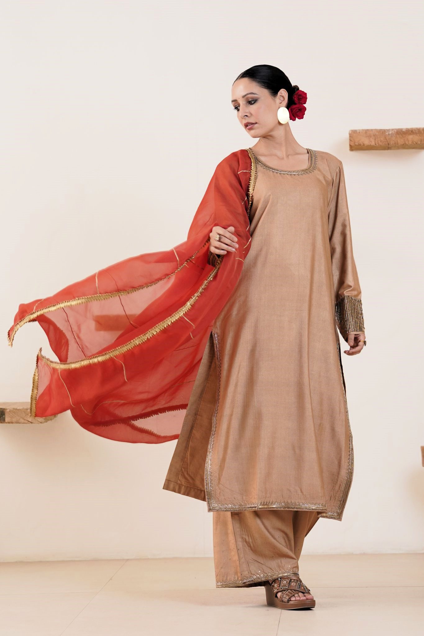 Hand embroidered Tussar Silk- Cotton Straight Kurta with Side pockets and Palazzo with Rust color organza Dupatta-Set of 3