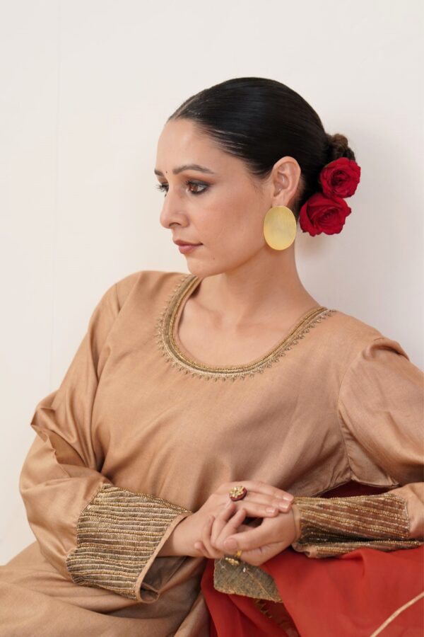 Hand embroidered Tussar Silk- Cotton Straight Kurta with Side pockets and Palazzo with Rust color organza Dupatta-Set of 3 - Image 7