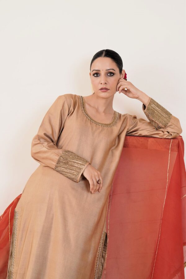 Hand embroidered Tussar Silk- Cotton Straight Kurta with Side pockets and Palazzo with Rust color organza Dupatta-Set of 3 - Image 8