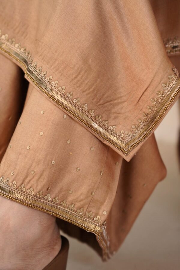Hand embroidered Tussar Silk- Cotton Straight Kurta with Side pockets and Palazzo with Rust color organza Dupatta-Set of 3 - Image 9