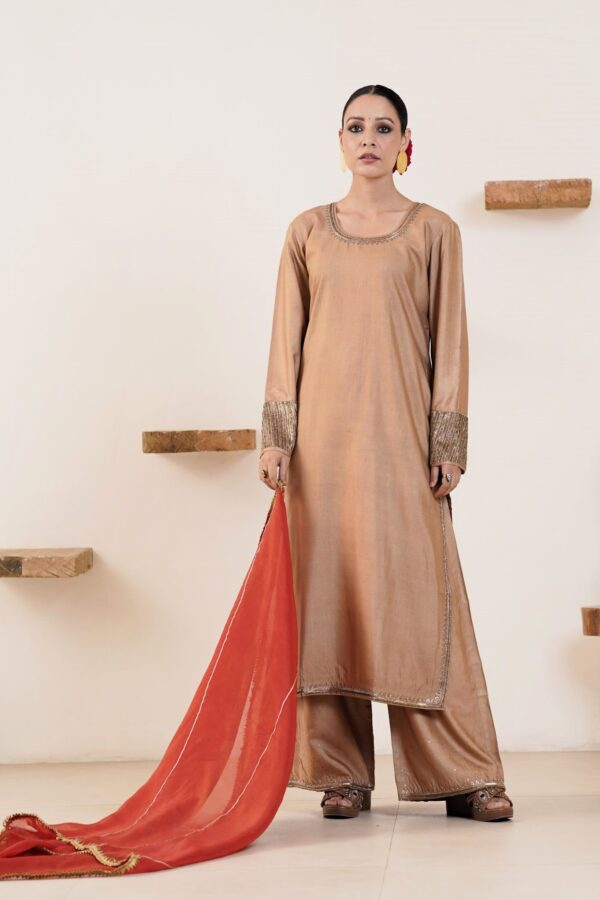 Hand embroidered Tussar Silk- Cotton Straight Kurta with Side pockets and Palazzo with Rust color organza Dupatta-Set of 3 - Image 10