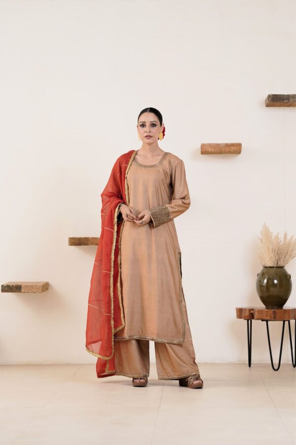 Hand embroidered Tussar Silk- Cotton Straight Kurta with Side pockets and Palazzo with Rust color organza Dupatta-Set of 3 - Image 11