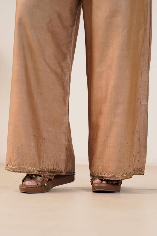 Hand embroidered Tussar Silk- Cotton Straight Kurta with Side pockets and Palazzo with Rust color organza Dupatta-Set of 3 - Image 2