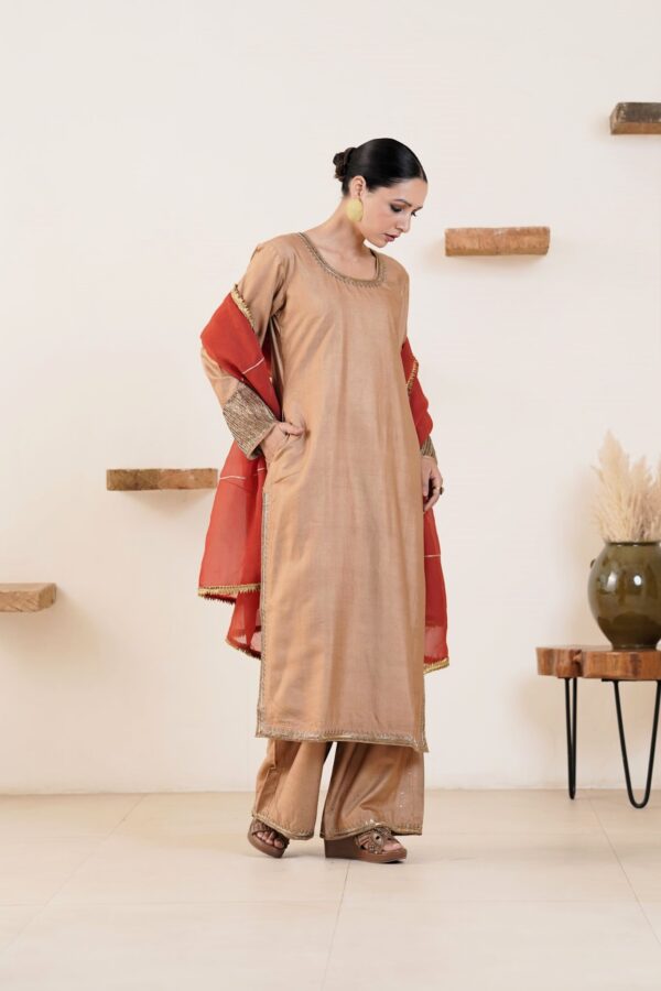 Hand embroidered Tussar Silk- Cotton Straight Kurta with Side pockets and Palazzo with Rust color organza Dupatta-Set of 3 - Image 5