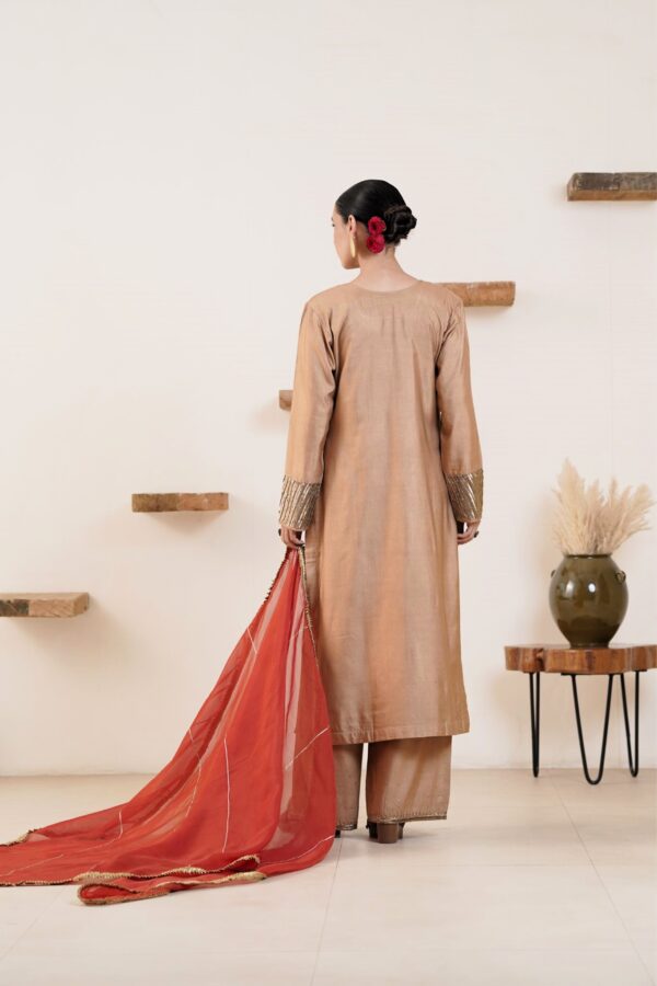 Hand embroidered Tussar Silk- Cotton Straight Kurta with Side pockets and Palazzo with Rust color organza Dupatta-Set of 3 - Image 6
