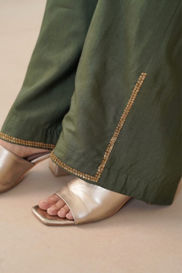 Hand embroidered Tussar Silk- Cotton A-Line Kurta with Side pockets and Palazzo -Set of 2 - Image 7