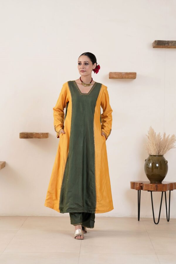 Hand embroidered Tussar Silk- Cotton A-Line Kurta with Side pockets and Palazzo -Set of 2 - Image 8