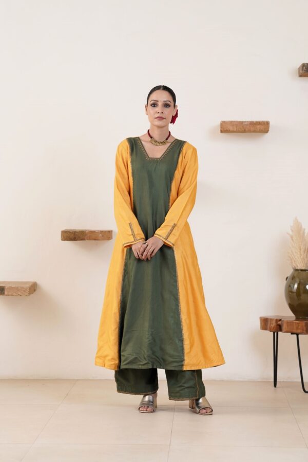 Hand embroidered Tussar Silk- Cotton A-Line Kurta with Side pockets and Palazzo -Set of 2