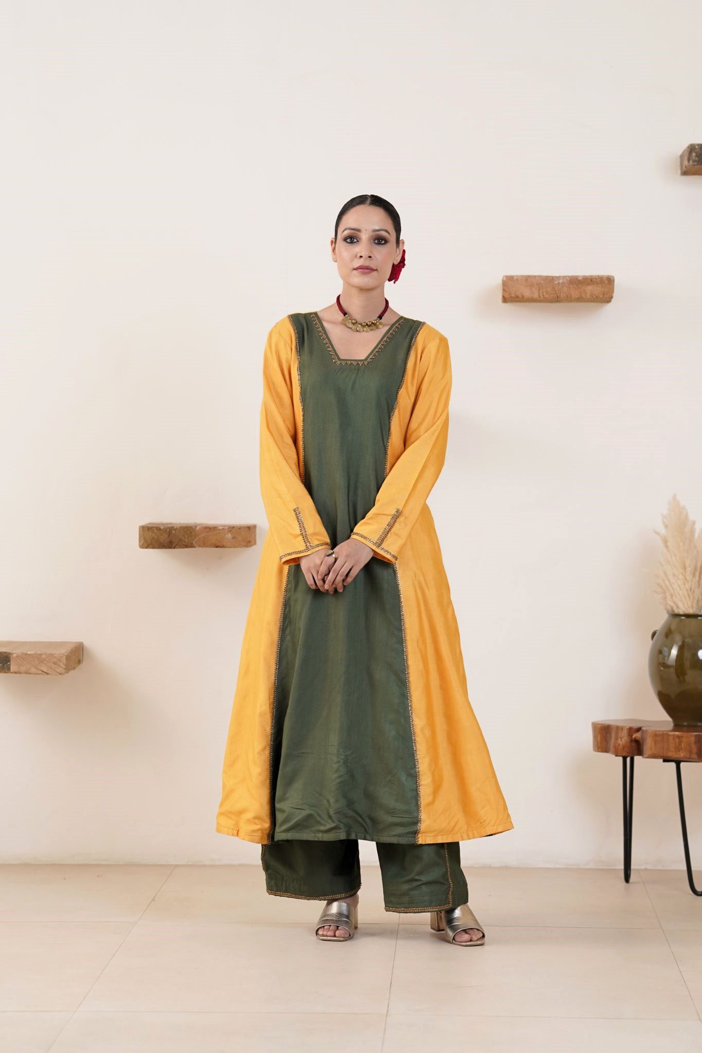 Hand embroidered Tussar Silk- Cotton A-Line Kurta with Side pockets and Palazzo -Set of 2