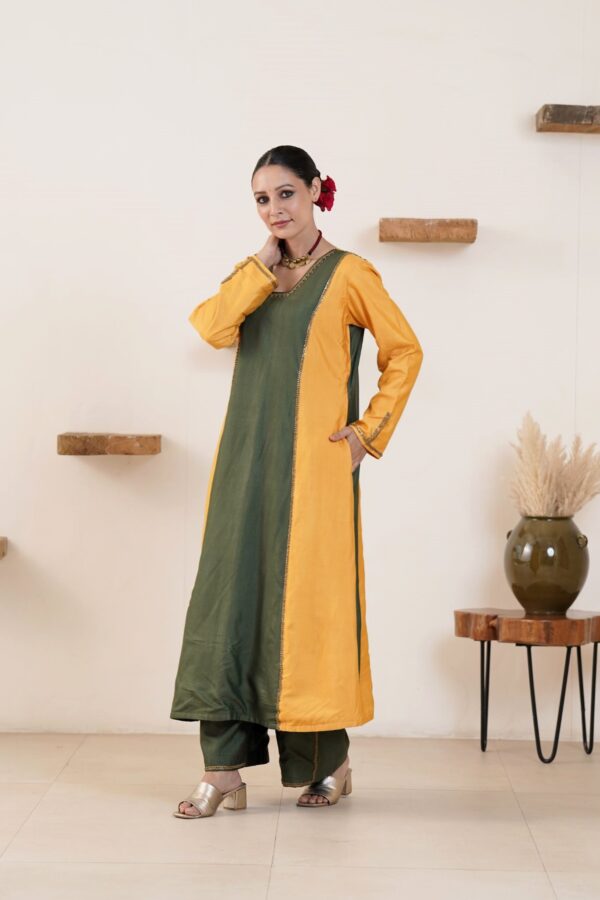 Hand embroidered Tussar Silk- Cotton A-Line Kurta with Side pockets and Palazzo -Set of 2 - Image 2