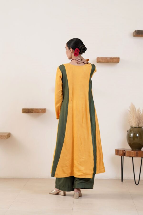 Hand embroidered Tussar Silk- Cotton A-Line Kurta with Side pockets and Palazzo -Set of 2 - Image 3