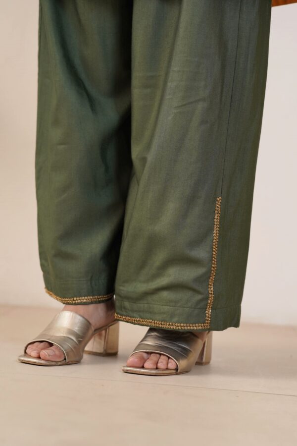 Hand embroidered Tussar Silk- Cotton A-Line Kurta with Side pockets and Palazzo -Set of 2 - Image 6