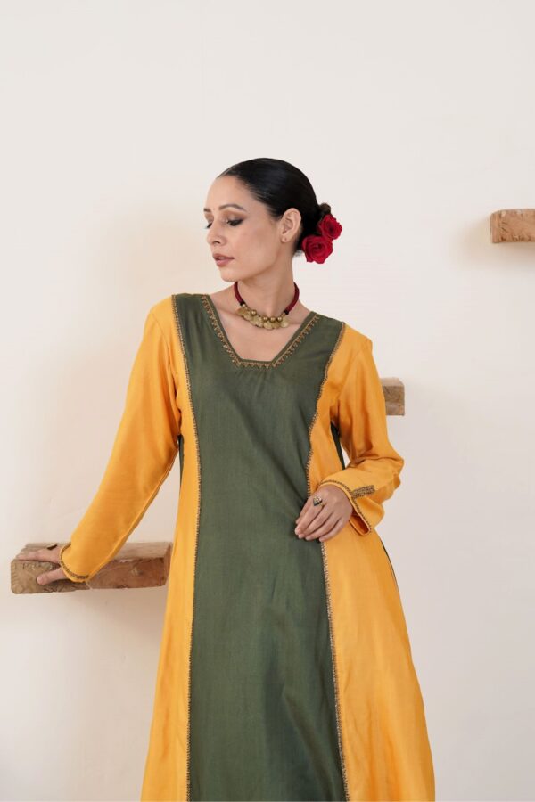 Hand embroidered Tussar Silk- Cotton A-Line Kurta with Side pockets and Palazzo -Set of 2 - Image 4