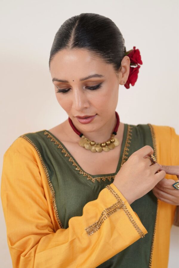 Hand embroidered Tussar Silk- Cotton A-Line Kurta with Side pockets and Palazzo -Set of 2 - Image 5
