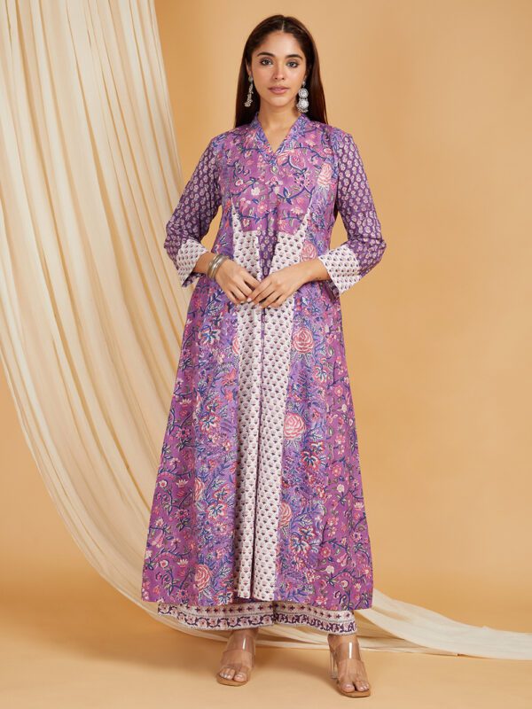 Umbrella Flared Kurta in Hand Block Printed Cotton with Palazzo Set of 2